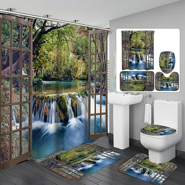 HOT 3D Waterfall Bathroom Shower Curtain With Hooks